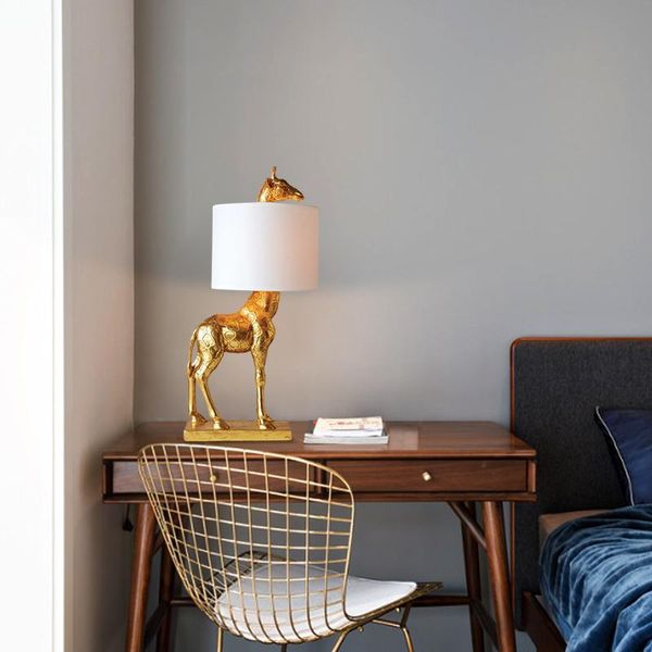 

table lamps nordic giraffe creative decor art living room study bedroom bedside resin gold and white fabric desk lamp luminaire