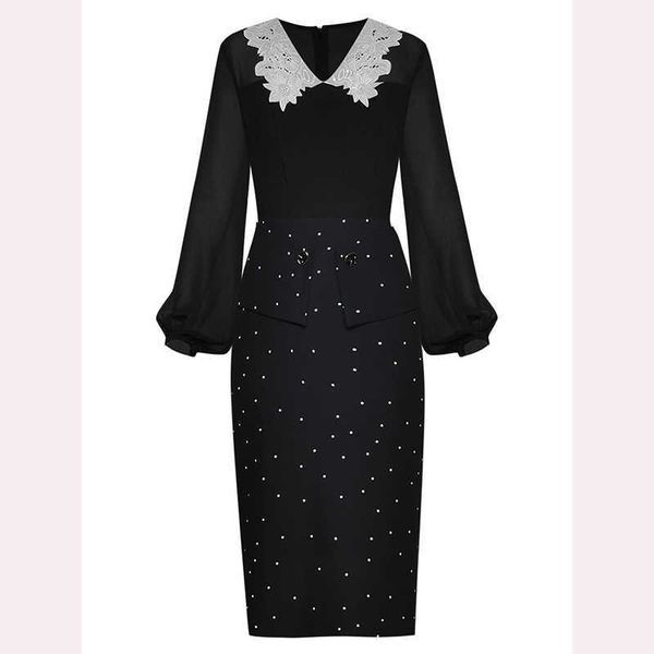 

est fashion spring sequin lapel lantern long sleeve hip split polka dot dress 210526, Black;gray
