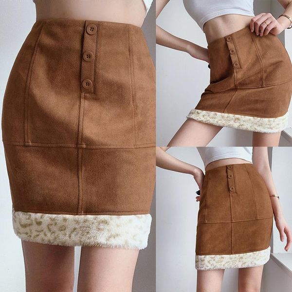 

skirts women's fashion all-match hairy stitching high waist a-line short skirt brown, Black