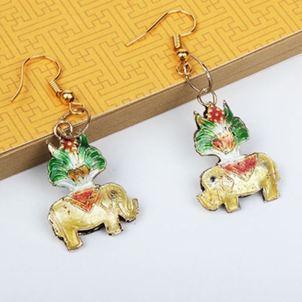 

fancy cloisonne enamel luck elephant charm earrings chinese handicrafts colorful copper jewelry ladies dangle accessories ear drop gift, Golden