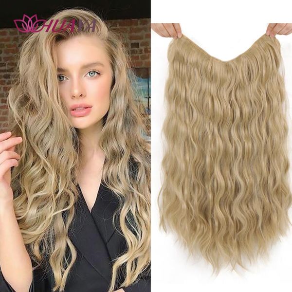 

synthetic wigs huaya long wavy 5 clips in hair water wave hairpiece v-style half head wig heat resistant golden black