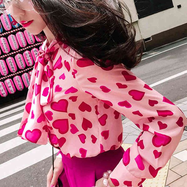 

paris girl vintage heart print long sleeve chiffon blouse sweet women shirt tie autumn new fashion chemise camisa, White