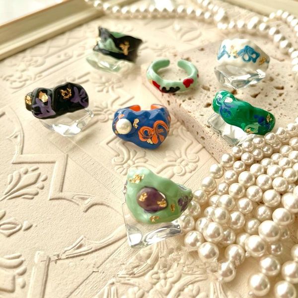 

wedding rings aomu colorful dripping oil natural pearl hand-painted open ring for women girls party fashion trip jewelry gift, Slivery;golden