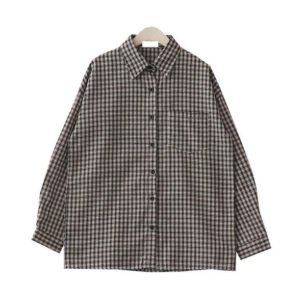 

women's blouses & shirts vintage plaid women summer 2021 turn-down collar long-sleeved loose casual all match female outwear, White