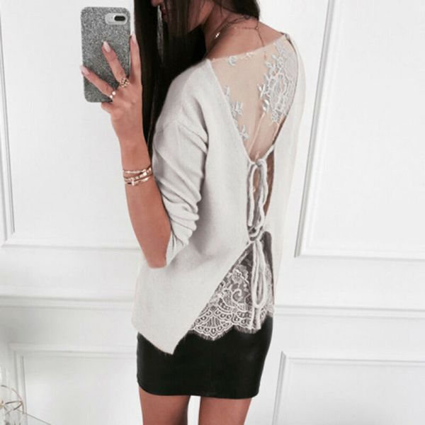 

2021 fashion women gothic lace up backless blouse ladies slim fit v neck jumper pullover shirtby air, Black;white