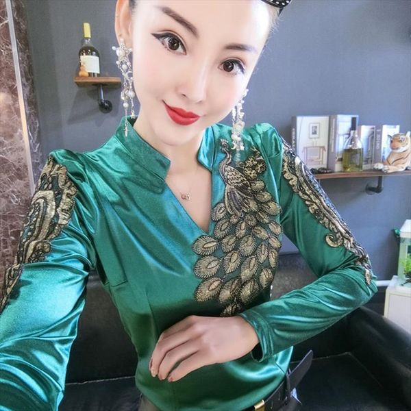 

autumn glossy satin embroidery peacock women shirt femme flower embroideried, White