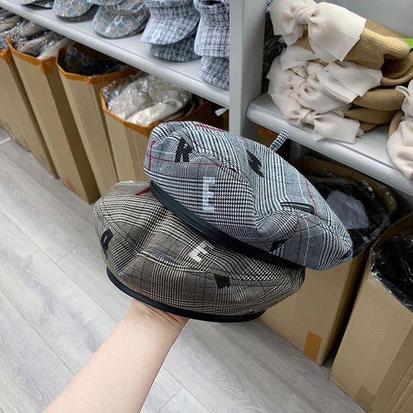 

berets 2021 fashion beret hats for women autumn winter stripes lattice cotton beanie hat travel female elegant painter, Blue;gray