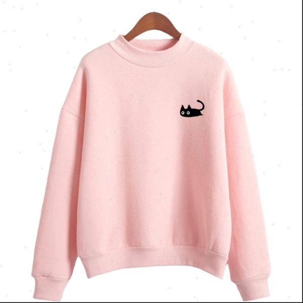 

cartoon cat print harakuju womens sweatshirts autumn long sleeve turtleneck kawaii pullover casual cute tracksuits, Black