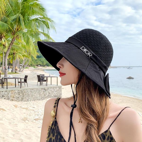 

wide brim hats fisherman's hat lady summer knit thin sunshade spring and show face small bucket bow, Blue;gray
