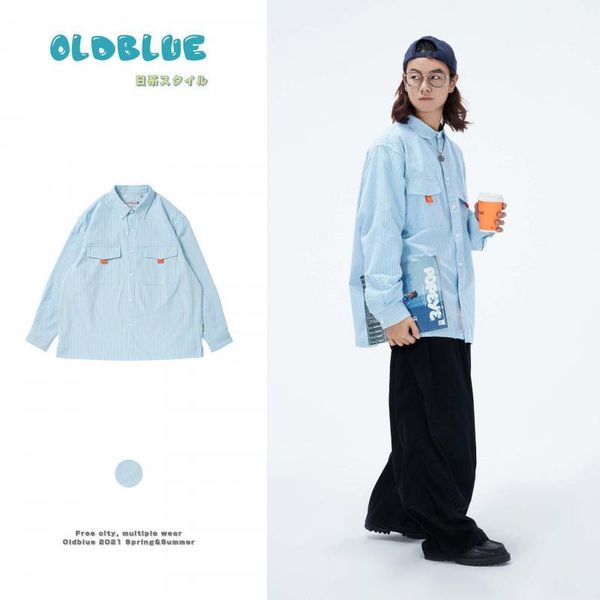 

men's casual shirts japanese style 2021 autumn and winter loose cityboy blue white vertical striped long-sleeved shirt, White;black