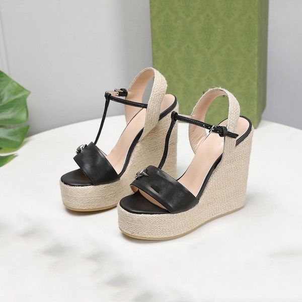 

sandals in summer of 2021, the cowhide joker wedges shoes high heels thick sponge cake british style fashion women, Black