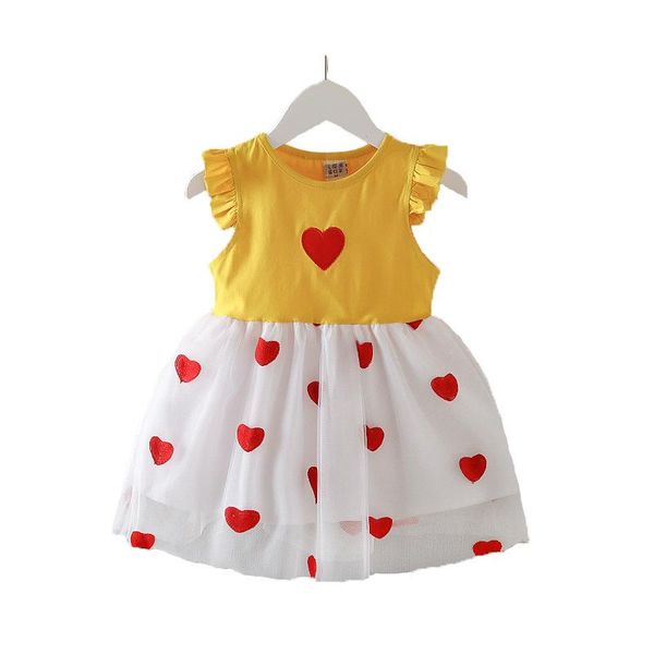 

summer girls fluffy net yarn dress little girl round neck flying sleeves pure cotton girl's dresses, Red;yellow