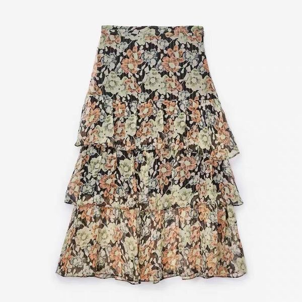 

skirts 100% silk women floral printing ruffles midi skirt gold printed, Black