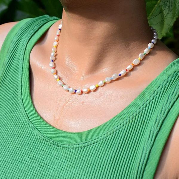 

chains colorful bead imitation pearls chain strand choker necklace for women girls bohemian style party jewelry, Silver