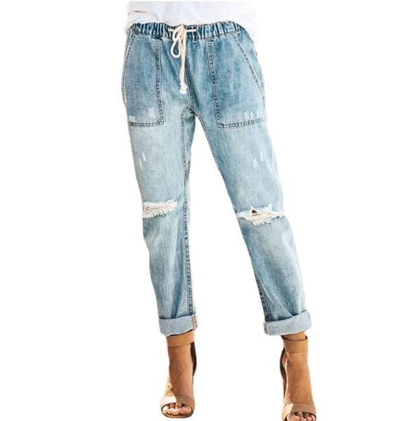 

women drawstring jeans harem pants ripped hole stretch denim trousers, Blue