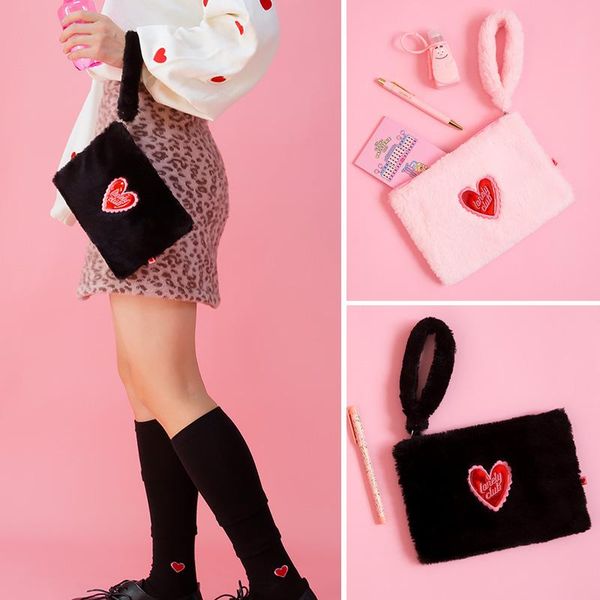 

heart embroidery cosmetic cases plush soft women handbag lipstick storage card bag make up bags cute zipper pouch &