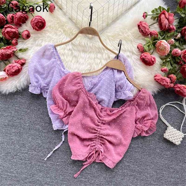 

blouse women summer solid square collar puff sleeve sweet short shirts slim korean chic fashion wild blouses 210531, White