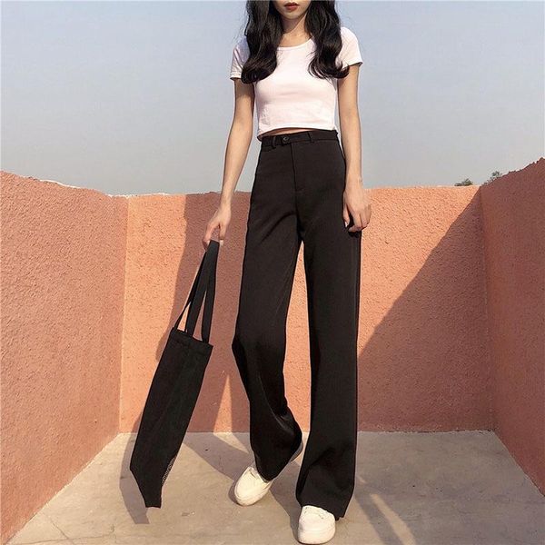

women's pants & capris 2021 women fashion high waist long straight casual loose female trouser, Black;white