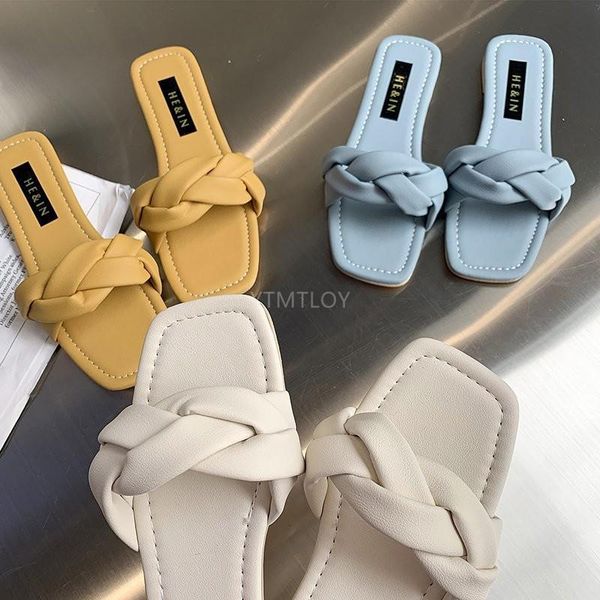 

soft slides women's slippers 2021 summers square toe sandals flat beach female fashion zapatillas mujer casa sapatos femininos, Black
