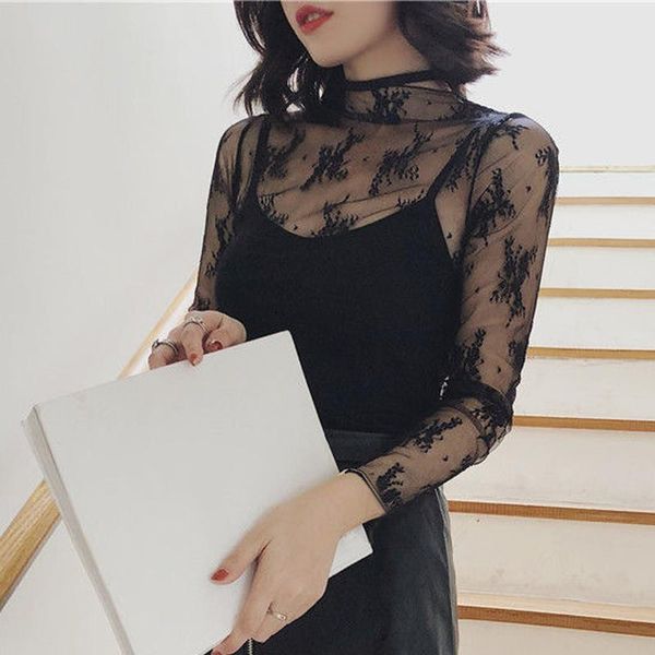 

women's t-shirt lace bottoming shirt women long-sleeved mesh gauze thin stand-up collar spring summer crocheted hollow, White