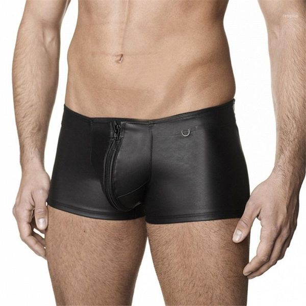 Erkek Deri Boxer Şort Gövde Siyah Seksi Zip Açık Kasık Homme Gay Fetiş Vinil Clubwear Erkek Iç Çamaşırı Boxers1