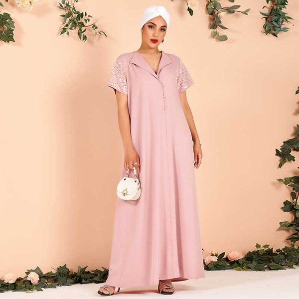 

casual dresses summer ladies fashion lapel sequin stitching loose and elegant thin arabian powder long women (without headscarf) r, Black;gray