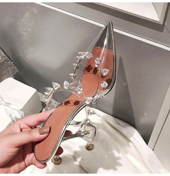

slippers 2021 women fashion rivet shoes transparent pvc cup heeled sandals stiletto high heels summmer female pumps, Black