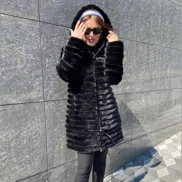 

women's fur & faux mink coat with hood luxury real women winter jacket hooded warm detachable sleeves hem big size clothes, Black