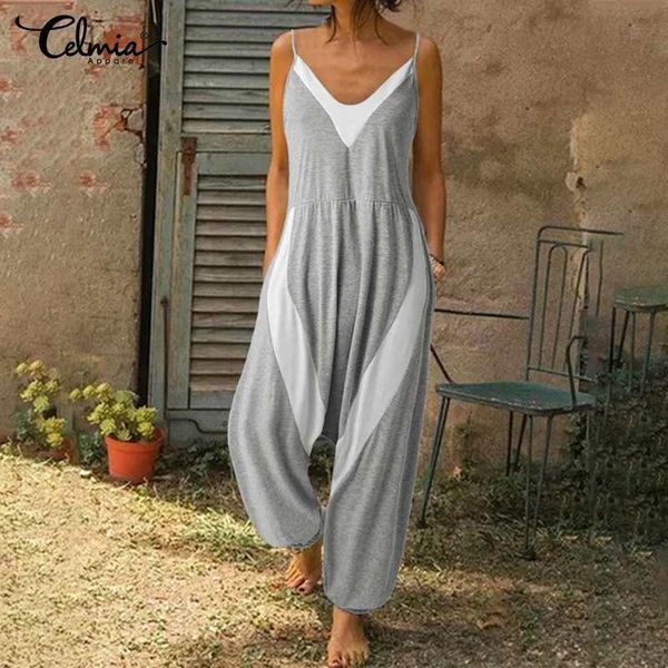 

5xl celmia rompers women sleeveless jumpsuits v-neck autumn playsuits casual loose pockets vintage patchwork knitted pants, Black;white
