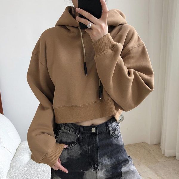 

women's hoodies & sweatshirts women crop hoodie autumn spring loose fleece casual hooded sweatshirt, Black