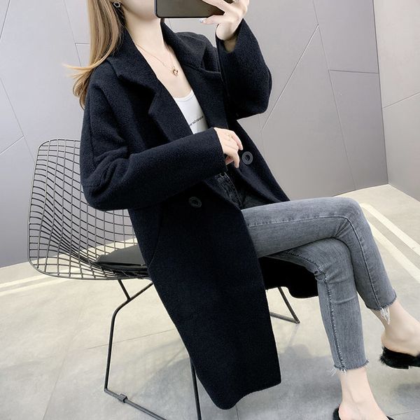 

mid-length collar suit combines cardigan jacket autumn and winter thick korean double face wool blazer ladies trench y1209 7z1g, White;black