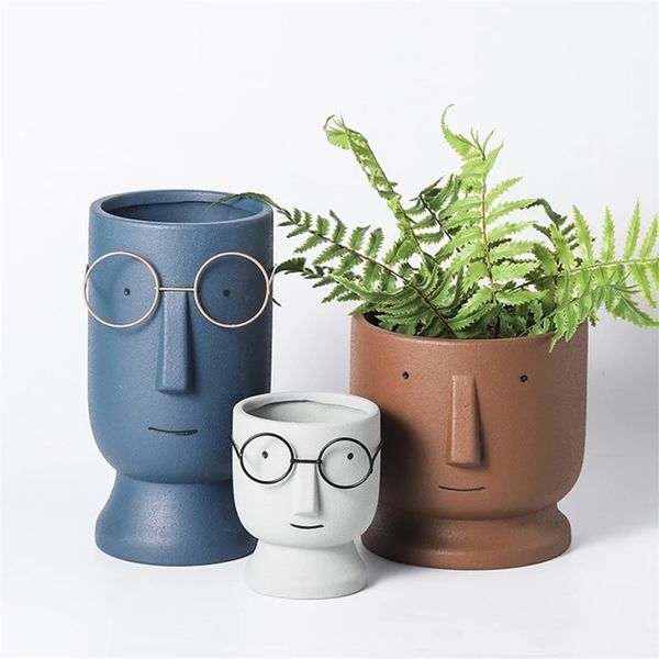 Nordic Cute Glasses Boy Ceramica Succulente Vaso di fiori Cartoon Fashion Simple Art Vaso essiccato Indoor Green Dill Home Garden 211130