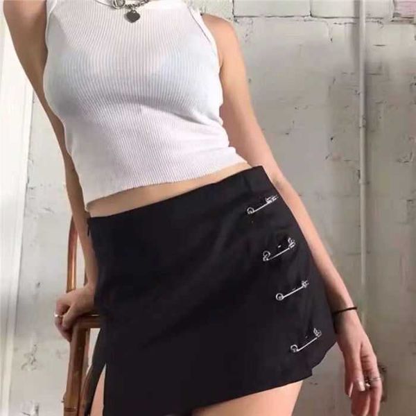 Mini-saia de streetwear feminino lateral split broche de cintura alta zíper curto feminino sexy a-line slim quadril camuflagem 210708
