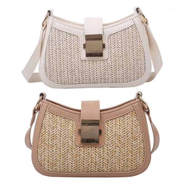 

evening bags 2 pcs straw woven women's shoulder bag casual acrylic messenger handbag mini mobile phone bag, white & khaki1