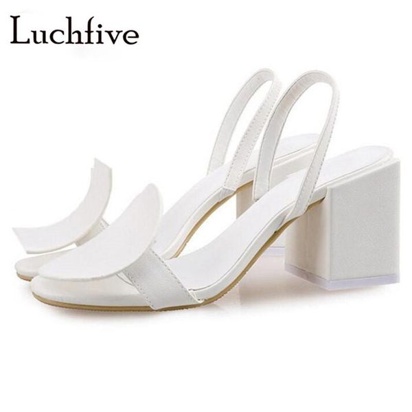 

style chunky round high heels sandals women white slingbacks slip on female shoes open toe summer mujer, Black