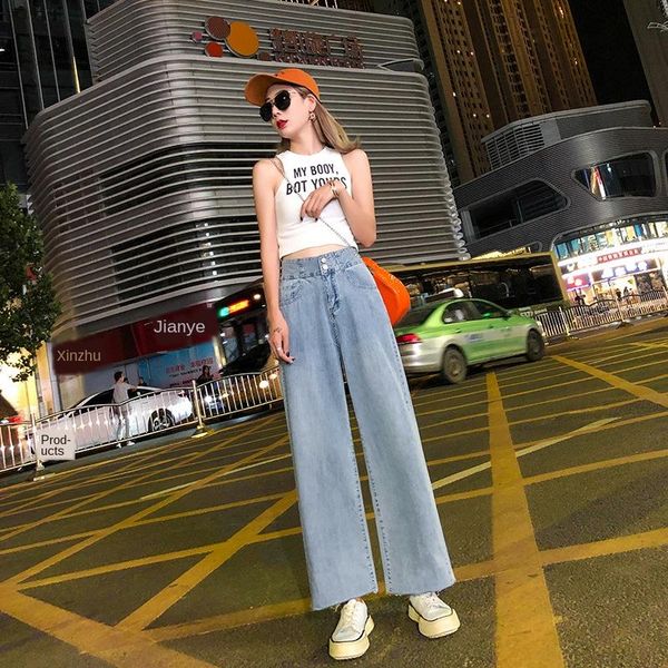 

high waist wide leg pants women loose straight star same style floor length female jeans 2021 fall women's, Blue