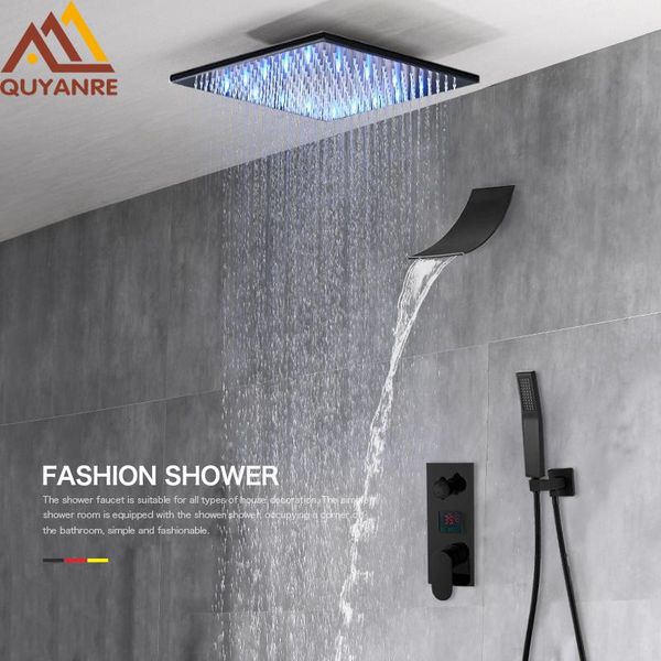 

matte black concealed shower faucet set rain waterfall system 3-way digital display mixer tap bathroom sets