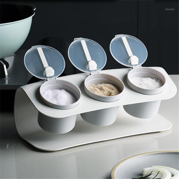 

storage bottles & jars three grid seasoning rack spice pots sugar salt container with spoon kitchen gadgets jar bottle box set
