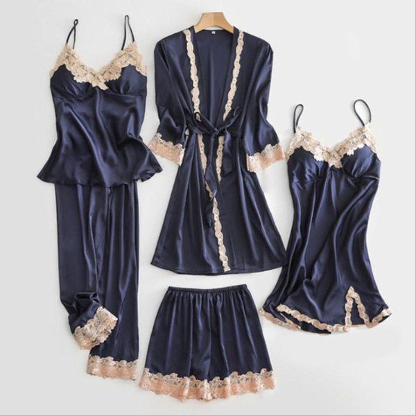 Seidenrobe-Sets Schlafanzug Damen Spitze Satin Pyjama Kleid Set V-Ausschnitt Cami Nachthemden Pijama Home Kleidung Frühling Nachtkleid Damen Nachtwäsche