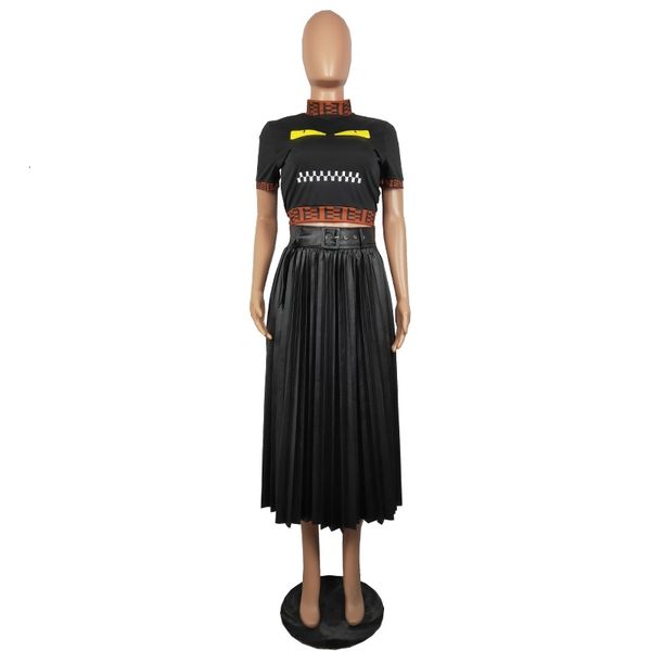 

skirts ladies faux leather midi thick pleated high waist vintage mid-calf women longa saia pu with belt os7o, Black