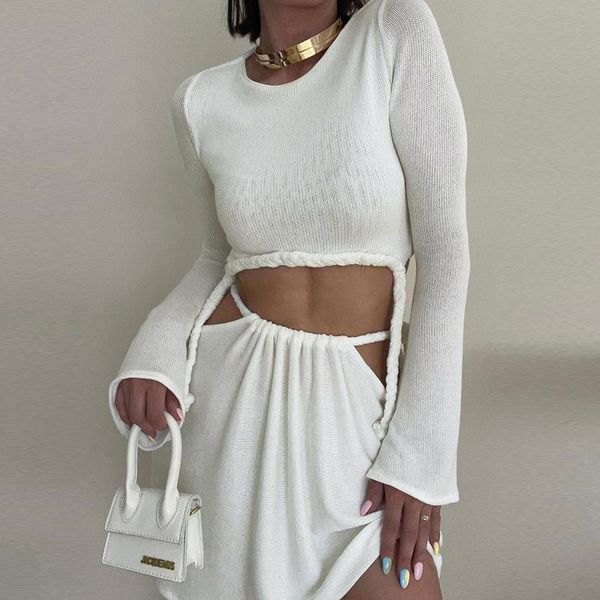 

women's tracksuits autumn fashion 2 piece set women long sleeve hollowed out bare waist mini skirts suit two, Gray
