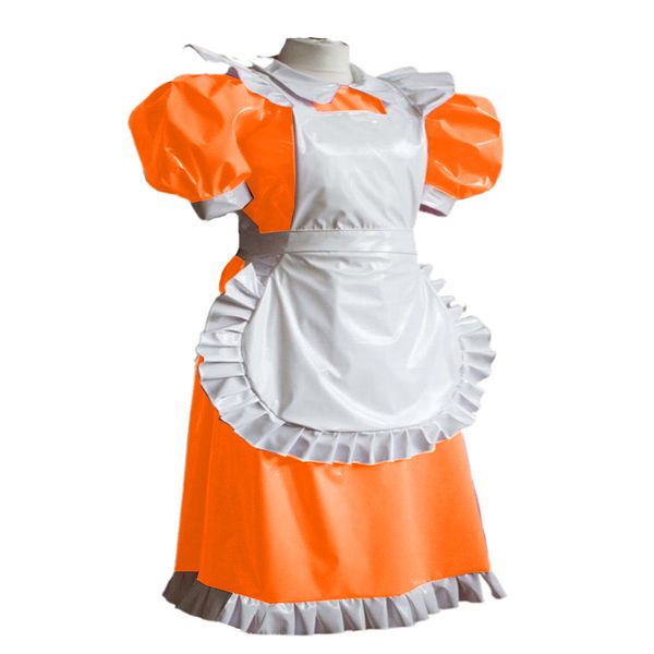 Plus Size Lovely Lolita Maid Rüschensaum Minikleid PVC Wetlook Cosplay Anzug mit Schürze Damen Kellnerin Party Bühnenkostüm