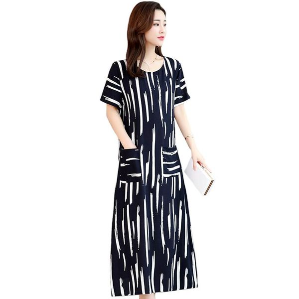 

casual dresses summer short sleeve dress women plus size 6xl striped boho loose vintage sundress with pockets long woman, Black;gray