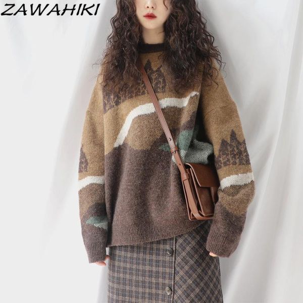 

women's sweaters zawahiki sweater pullovers clothes autumn winter style retro pullover loose knit casual printing lazy, White;black