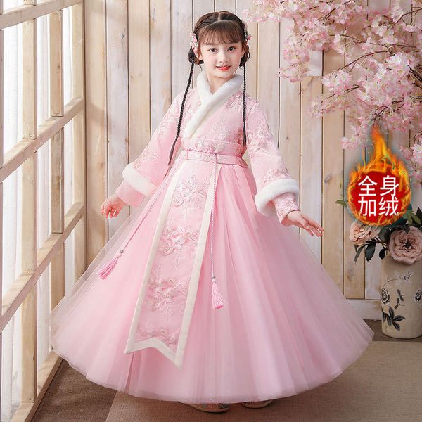 Hanfu Plush Girls Год Одежда Детская древняя юбка Осень Super Fairy Страна прилив Китайский стиль маленькое платье зима