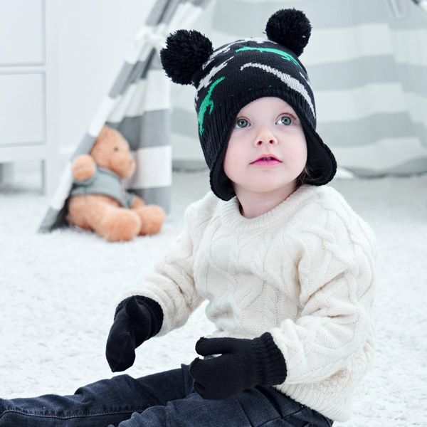 Novo inverno aquecido bebê dinossauro chapéu de malha chapéu mitene conjunto criança bebês orelhas de lã bonés Beanie luvas crianças chapéu + luvas 2pcs / set