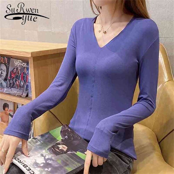 

v-neck cotton shirt women solid long sleeve t autumn korean-style slim bottoming office lady clothes 10480 210421, White