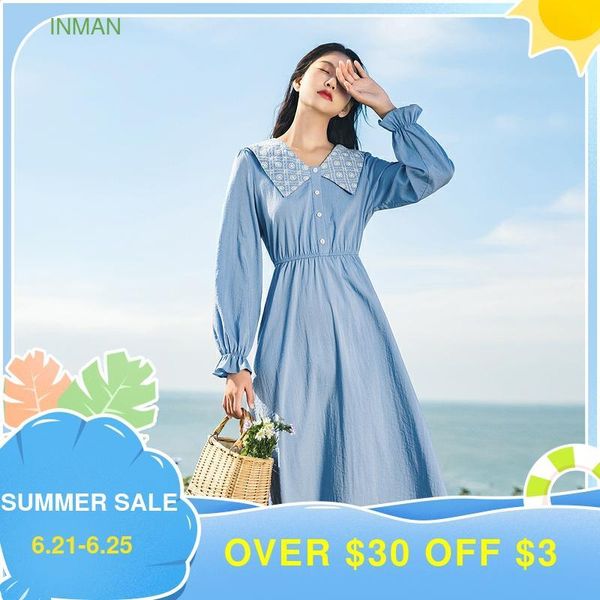 

casual dresses inman spring autumn women's baby collar dress slim waist embroidered high long flare sleeve a-line mid one piece, Black;gray