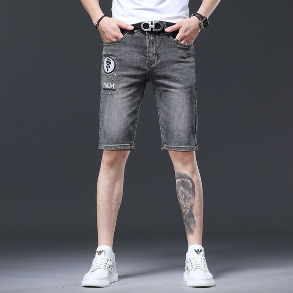 

5-point jeans mens fashion youth embroidery drill slim stretch casual brand pants men, Blue