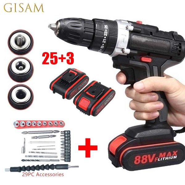 

professiona electric drills 88v 28nm cordless compact hammer drill 25+3 torque power tools handheld impact drilling turning screws lithium b